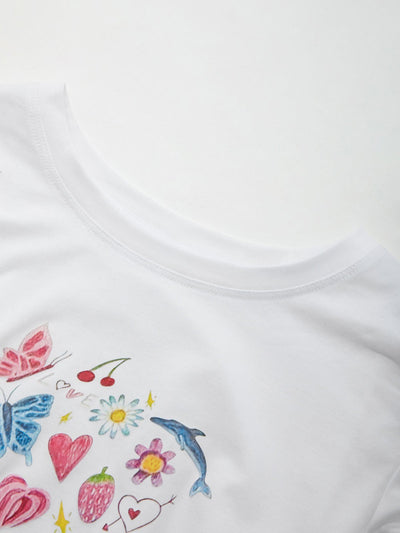 White Vintage Fruity Butterfly Print Crop Top