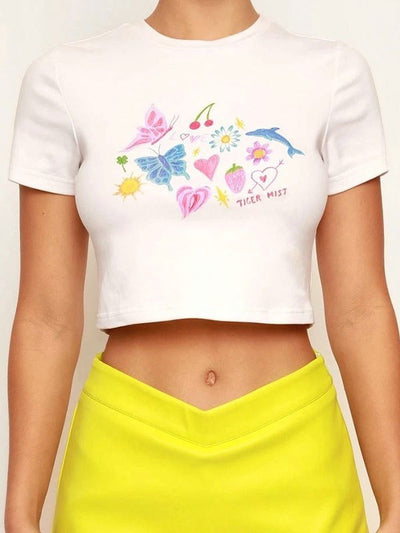 White Vintage Fruity Butterfly Print Crop Top