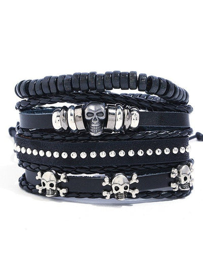 Punk 4pcs Pu Leather Bracelet Set with Skull