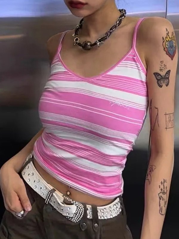 Pink Y2K Striped Crop Cami Top