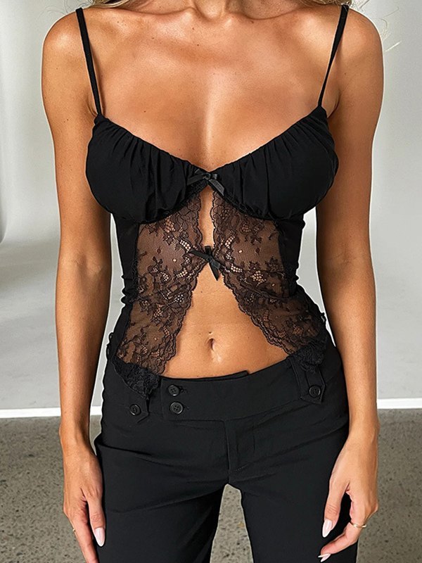 Black Ribbon Lace Patchwork Cutout Cami Top