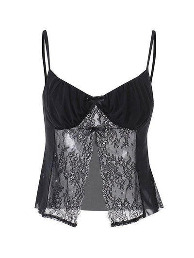 Black Ribbon Lace Patchwork Cutout Cami Top