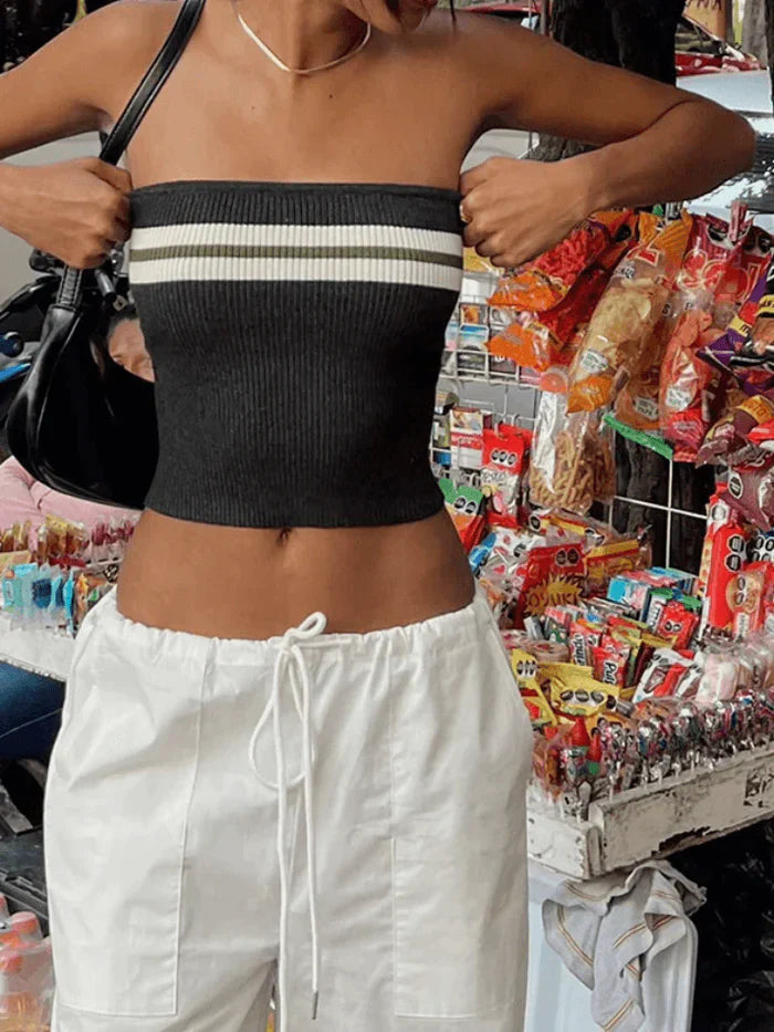 Black Vintage Knit Striped Bandeau Crop Top