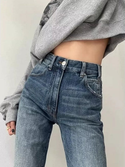 Blue Vintage Versatile Slim Flare Jeans with High Waist