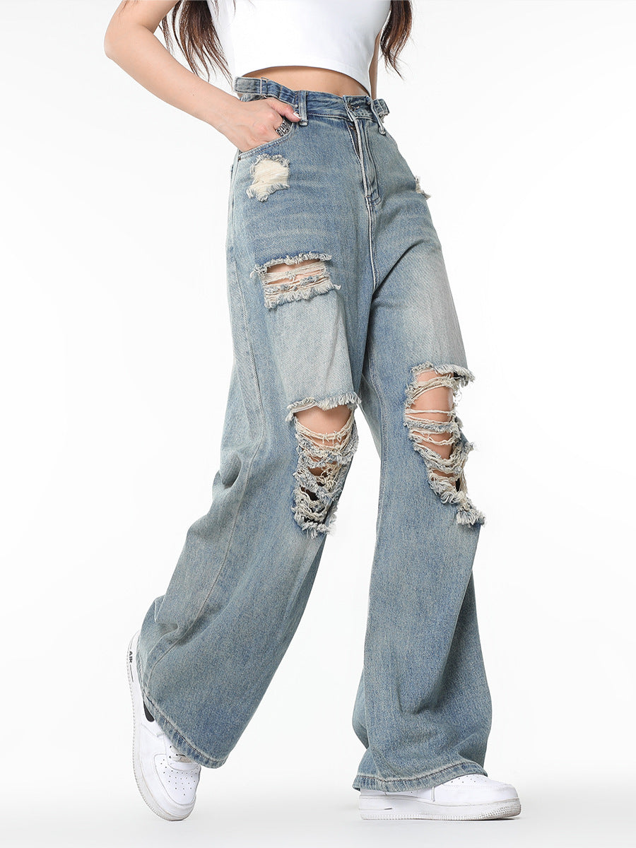 Blue Vintage Distressed Wide Legged Ripped Jeans