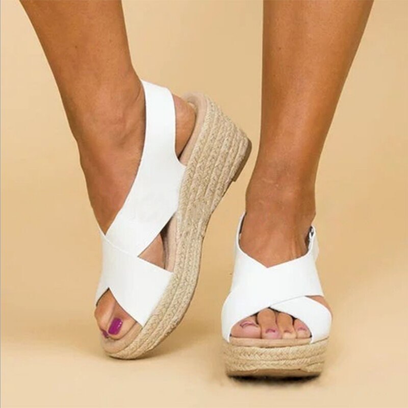 Ariel - Knisperend wit lederen Espadrille sleehakken met gevlochten jute hakken