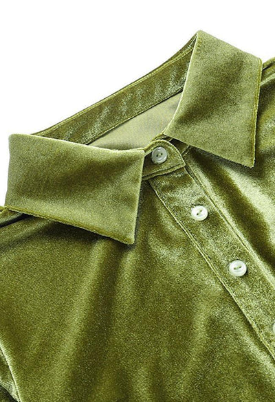 Green Vintage Ruched Velvet Shirt Mini Dress