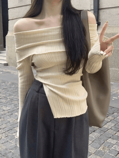 Off Shoulder Ribbed Knit Top with Split