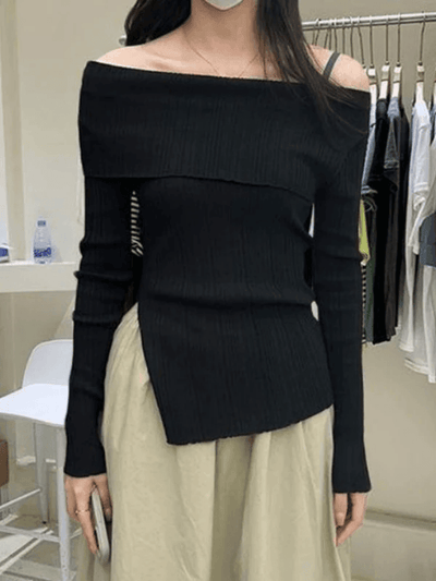 Off Shoulder Ribbed Knit Top with Split