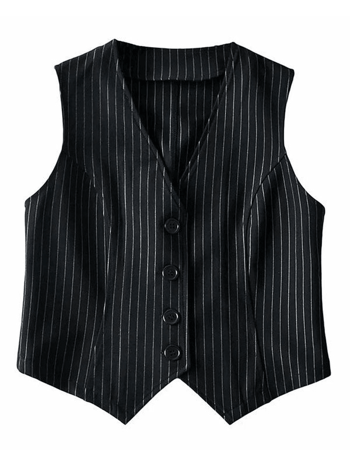 Black V Neck Pinstriped Button Corset Top