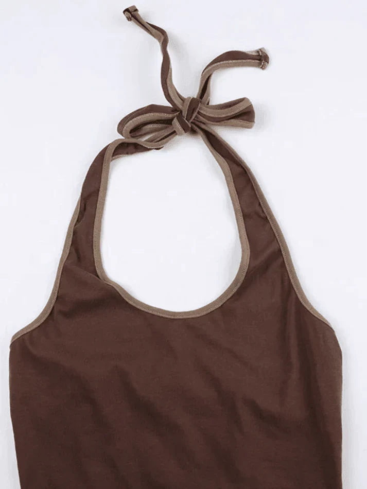 Brown Vintage Halter Cropped Tank Top