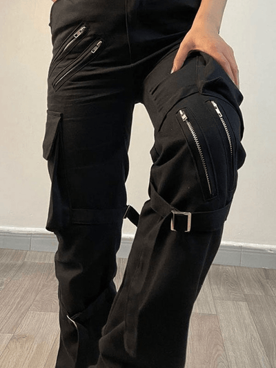 Black Hip Hop Zipper Strap Detail Cargo Pants