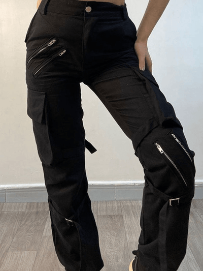 Black Hip Hop Zipper Strap Detail Cargo Pants